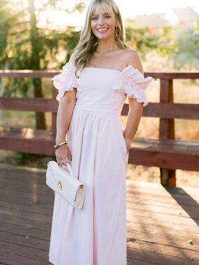 Moon River Off-Shoulder Ruffle Midi Dress in Light Pink